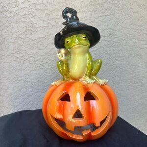 LED Halloween Witch Frog Sitting on Pumpkin